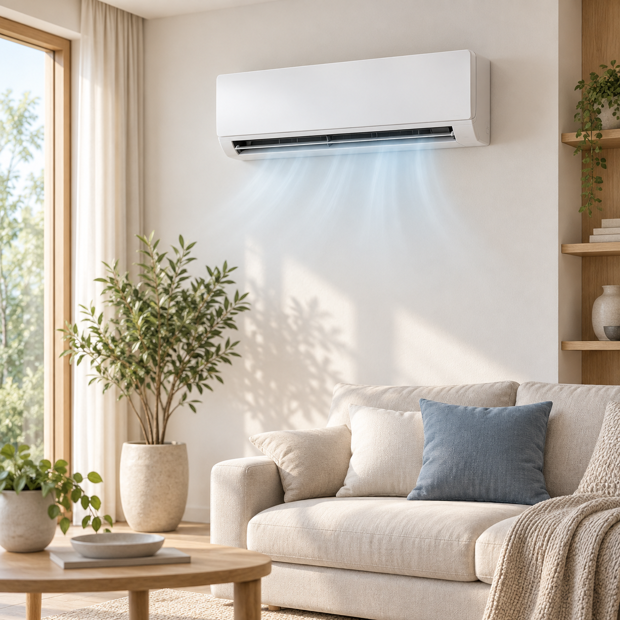 Aire acondicionado split instalado en un living luminoso