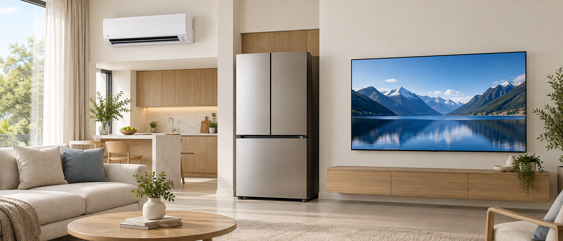 Ambiente moderno con aire acondicionado, televisor y heladera