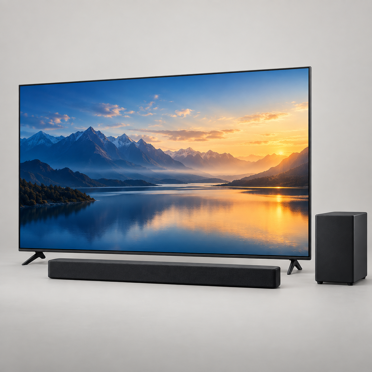Televisor de 85 pulgadas con barra de sonido y subwoofer, imagen ilustrativa