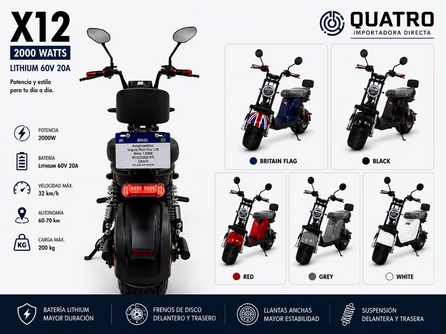 Modelo eléctrico X12 de 2000 W con sus colores y especificaciones
